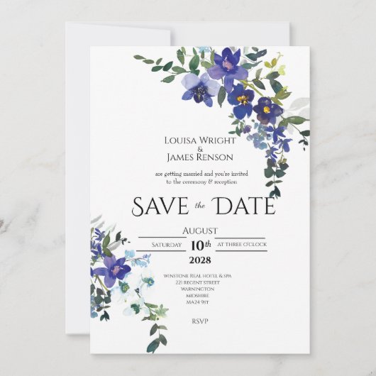 Blauwe Orchidee Save the Date Trouw Uitnodiging (Voorkant)