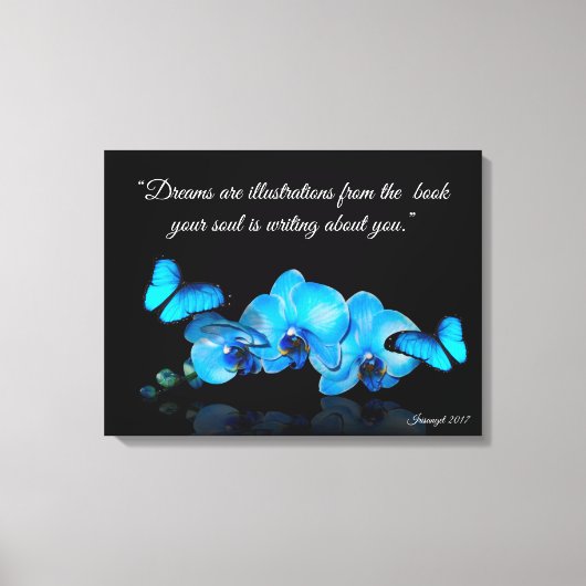 Blauwe Orchideeën en vlinders met citaat Canvas Afdruk (Voorkant)