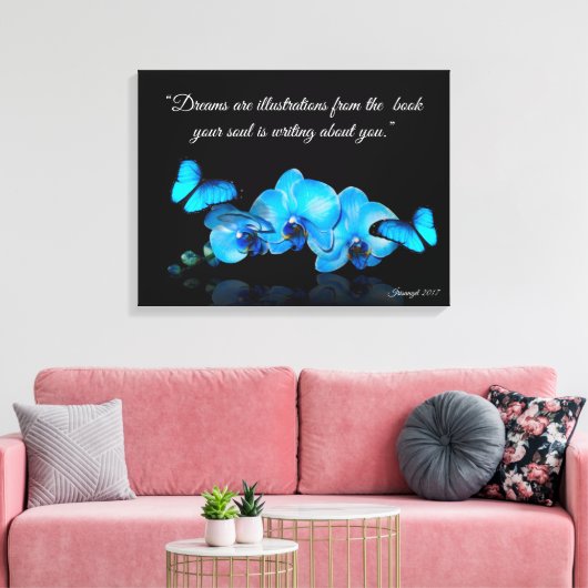 Blauwe Orchideeën en vlinders met citaat Canvas Afdruk (Insitu (Woonkamer))