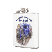 Blauwe  oude wegwijzer met de motor uit heupfles (Links)