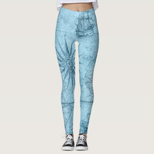 Blauwe oude wereldkaart leggings (Voorkant)
