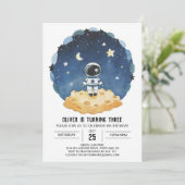 Blauwe Outerspace Moderne Astronaut Jongen Verjaar Kaart (Staand voorkant)