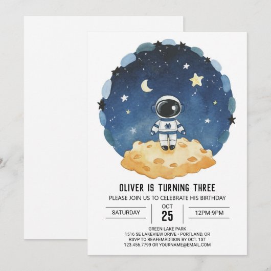 Blauwe Outerspace Moderne Astronaut Jongen Verjaar Kaart (Voorkant / Achterkant)