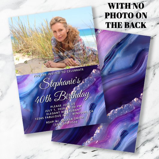 Blauwe Paarse Agaat Elegante Foto 40e Verjaardag Kaart