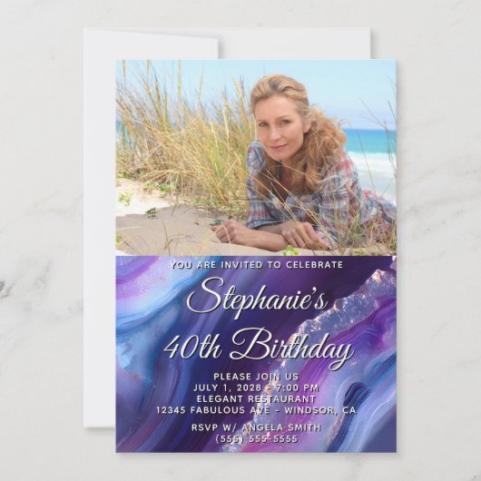 Blauwe Paarse Agaat Elegante Foto 40e Verjaardag Kaart (Voorkant)