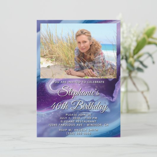 Blauwe Paarse Agaat Geode Fotoborder 40e verjaarda Kaart (Staand voorkant)