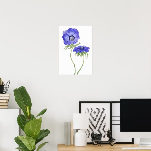 blauwe paarse anemonbloemen waterverf poster (Thuiskantoor)