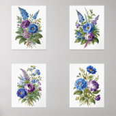 Blauwe Paarse Antiek  bloemen Muurkunst Sets (Voorkant)