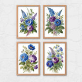 Blauwe Paarse Antiek bloemen Muurkunst Sets