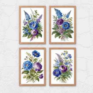 Blauwe Paarse Antiek bloemen Muurkunst Sets