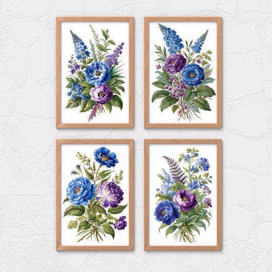 Blauwe Paarse Antiek bloemen Muurkunst Sets