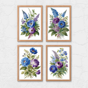 Blauwe Paarse Antiek bloemen Muurkunst Sets