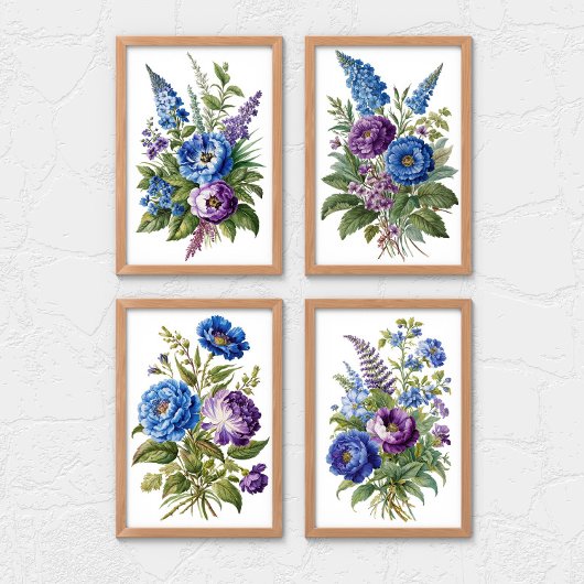Blauwe Paarse Antiek  bloemen Muurkunst Sets