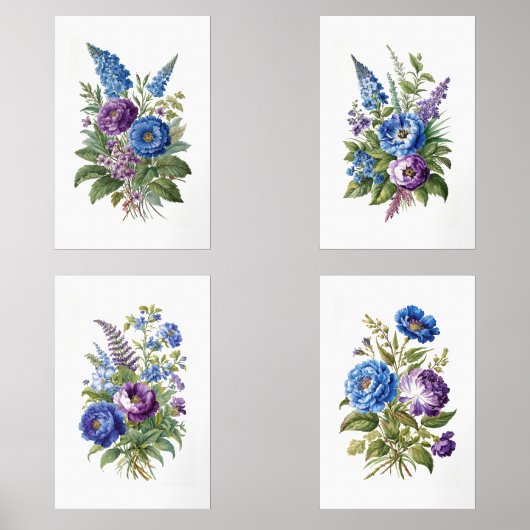 Blauwe Paarse Antiek  bloemen Muurkunst Sets (Voorkant)