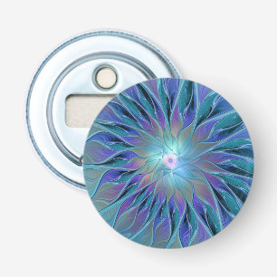 Blauwe Paarse bloem Abstracte fractale kunst Button Flesopener
