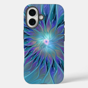 Blauwe Paarse bloem Abstracte fractale kunst iPhone 16 Hoesje