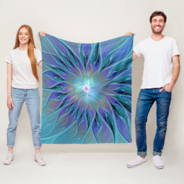 Blauwe Paarse bloem Abstracte fractale kunst Fleece Deken