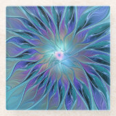 Blauwe Paarse bloem Abstracte fractale kunst Glazen Onderzetter (Voorkant)