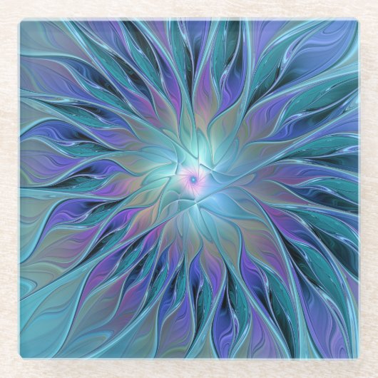 Blauwe Paarse bloem Abstracte fractale kunst Glazen Onderzetter (Voorkant)