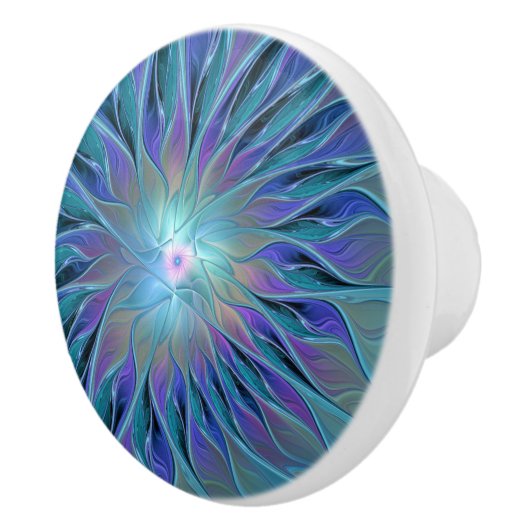Blauwe Paarse bloem Abstracte fractale kunst Keramische Knop (Rechts)