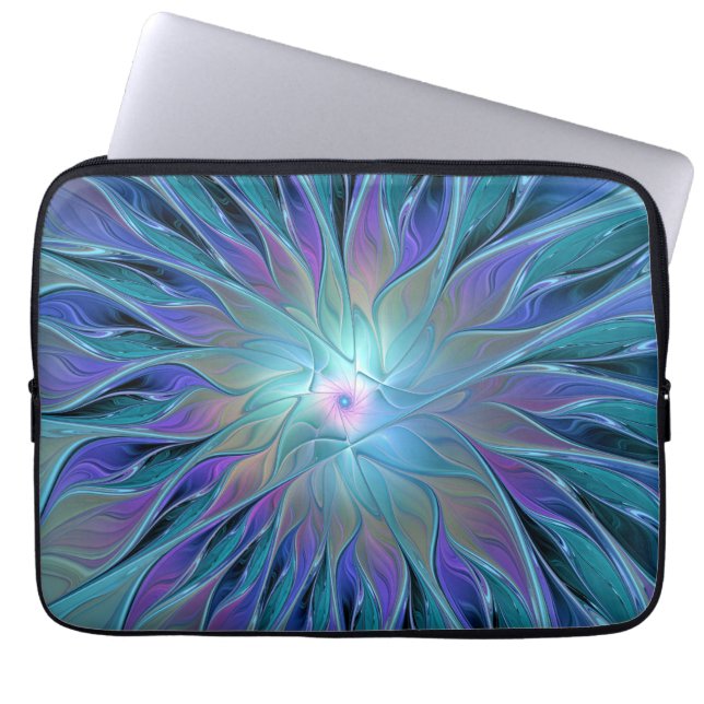 Blauwe Paarse bloem Abstracte fractale kunst Laptop Sleeve (Voorkant)