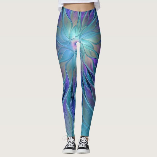 Blauwe Paarse bloem Abstracte fractale kunst Leggings (Voorkant)