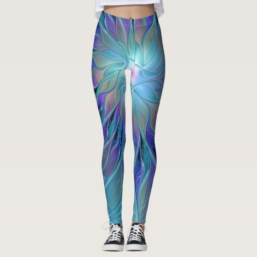 Blauwe Paarse bloem Abstracte fractale kunst Leggings (Voorkant)