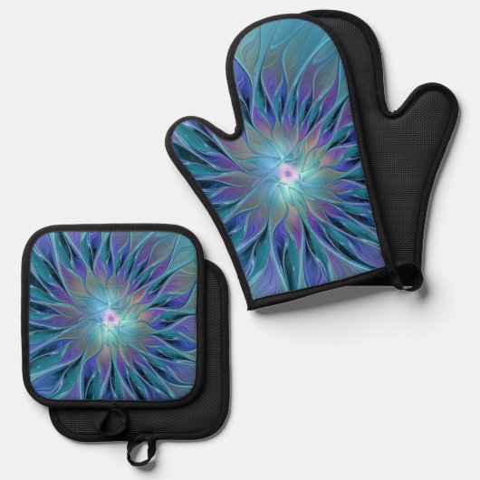 Blauwe Paarse bloem Abstracte fractale kunst Ovenwant & Pannenlap Set (Voorkant / Achterkant)