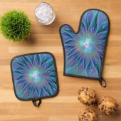 Blauwe Paarse bloem Abstracte fractale kunst Ovenwant & Pannenlap Set (Top down)