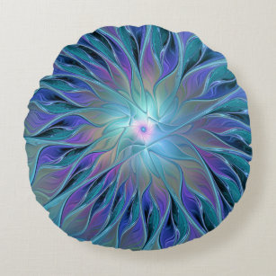 Blauwe Paarse bloem Abstracte fractale kunst Rond Kussen