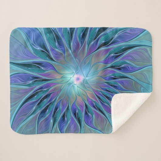 Blauwe Paarse bloem Abstracte fractale kunst Sherpa Deken (Voorkant (horizontaal))