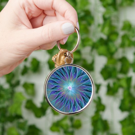 Blauwe Paarse bloem Abstracte fractale kunst Sleutelhanger (Hand)