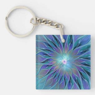 Blauwe Paarse bloem Abstracte fractale kunst Sleutelhanger