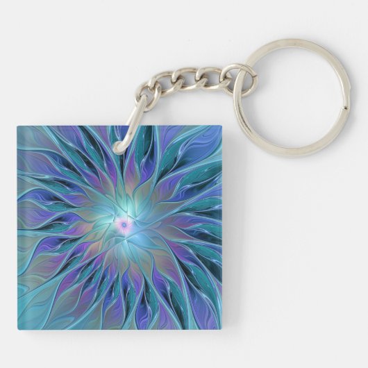 Blauwe Paarse bloem Abstracte fractale kunst Sleutelhanger (Achterkant)