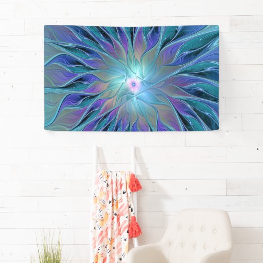 Blauwe Paarse bloem Abstracte fractale kunst Spandoek (Insitu)