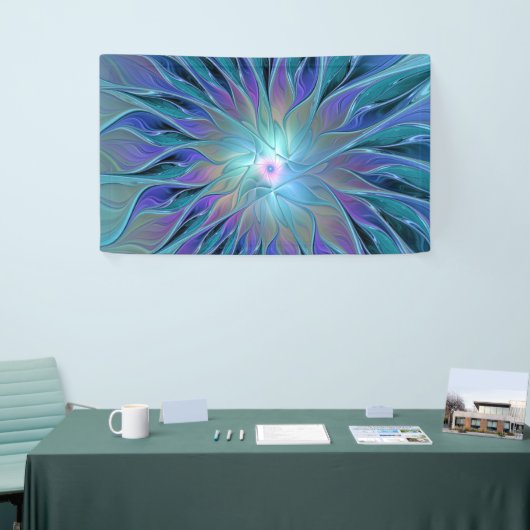 Blauwe Paarse bloem Abstracte fractale kunst Spandoek (Beurs)