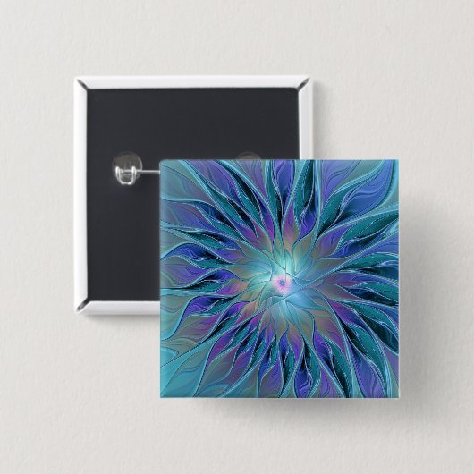 Blauwe Paarse bloem Abstracte fractale kunst Vierkante Button 5,1 Cm (Voorkant /achterkant)