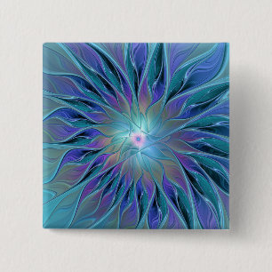 Blauwe Paarse bloem Abstracte fractale kunst Vierkante Button 5,1 Cm