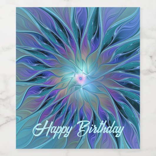 Blauwe Paarse bloem Abstracte fractale kunst Wijn Etiket (Enkel label)