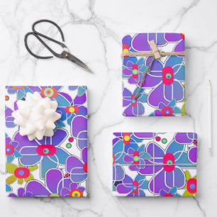 Blauwe Paarse Bloem Barst Witte Gift Inpakpapier Vel