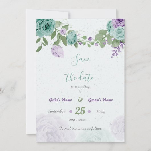 blauwe paarse bloemen groen botanisch save the date (Voorkant)
