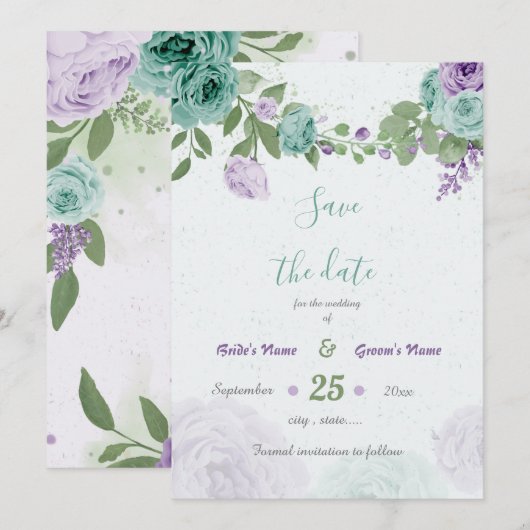 blauwe paarse bloemen groen botanisch save the date (Voorkant / Achterkant)