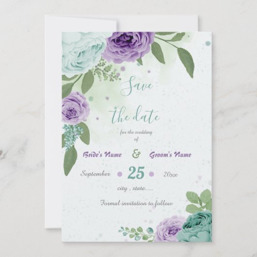 blauwe paarse bloemen groen botanisch save the date (Voorkant)