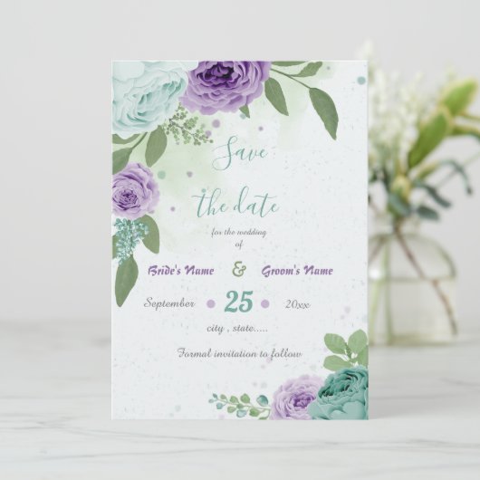 blauwe paarse bloemen groen botanisch save the date (Staand voorkant)