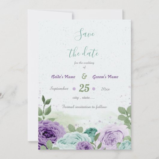 blauwe paarse bloemen groen botanisch save the date (Voorkant)