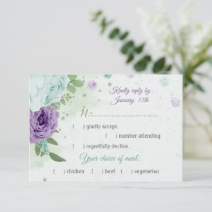 blauwe paarse bloemen groen - botanische maaltijdk RSVP kaartje