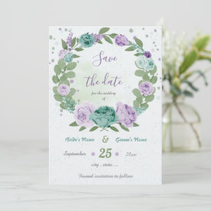 blauwe paarse bloemen groenblauw save the date