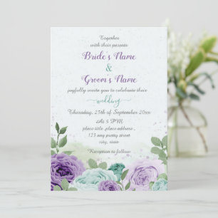 blauwe paarse bloemen groene bladeren bruiloft kaart