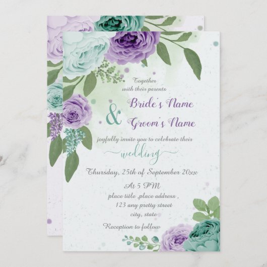 blauwe paarse bloemen groene bladeren bruiloft kaart (Voorkant / Achterkant)
