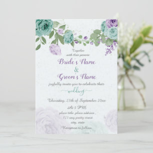 blauwe paarse bloemen groene bladeren bruiloft kaart